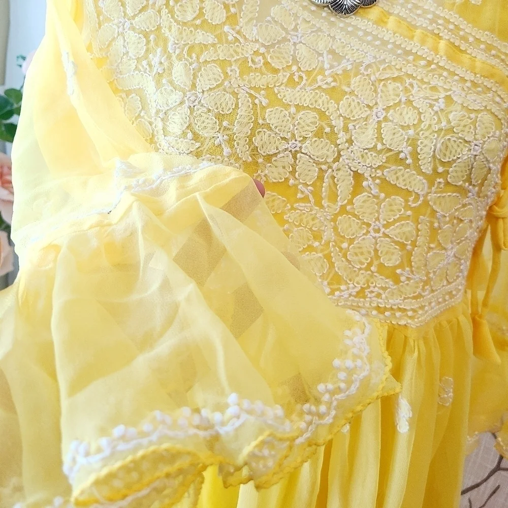 Yellow chikankari Anarkali maxi kurti dress - Picture 3 of 6
